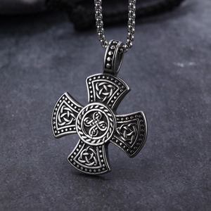 Vintage silver Celtic cross knot pendant in stainless steel with a beaded chain