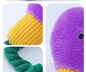 Detail of plush dog toy featuring purple faux fur, yellow corduroy and green cotton rope