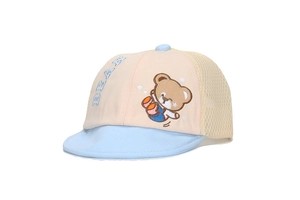Close-up of a baby baseball cap with cute cartoon bear embroidery and mesh back.