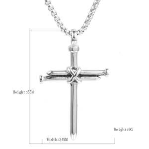 Classic stainless steel nail cross pendant necklace with measurements and cuban link chain