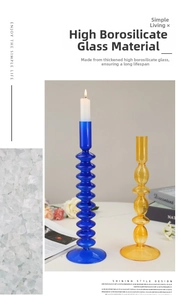Detail of blue and amber geometric borosilicate glass candle holders with modern textures