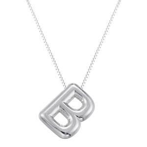 Macro detail of silver puffy balloon letter B pendant with a polished mirror finish chain