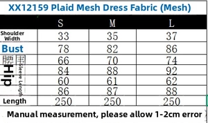 Size chart for the women's plaid mesh dress detailing shoulder, bust, and waist dimensions