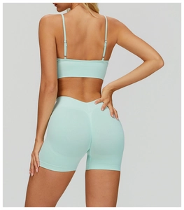 Close-up of mint green seamless yoga set featuring ribbed texture fabric and dual straps