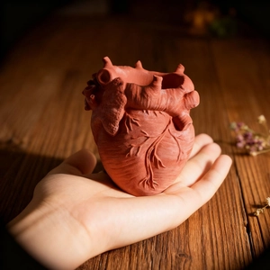 Detailed view of red anatomical heart resin vase held in hand for size comparison
