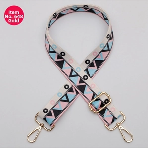 Detail of 38mm wide woven strap with geometric patterns and gold lobster clasps