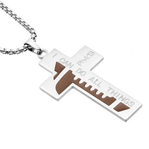 Stainless steel baseball cross necklace with orange inlay and scripture engraving