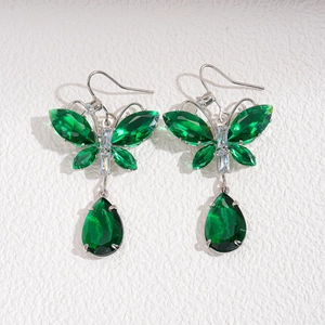 Exquisite silver drop earrings with green crystal butterflies and teardrop pendants