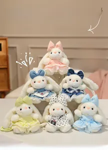 Set of six colorful plush bunny pendants with lace dresses and cute bowknot details