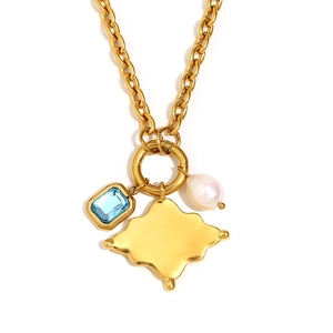 18K gold plated stainless steel necklace with blue gemstone, baroque pearl and gold pendant