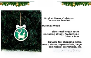 Detail showing dimensions of wooden reindeer Christmas ornament on a festive tree