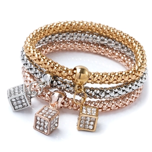 Three-piece stretch popcorn chain bracelet set in gold silver and rose gold with crystal charms