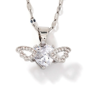 Elegant silver heart necklace with zircon wings and water wave chain on white background
