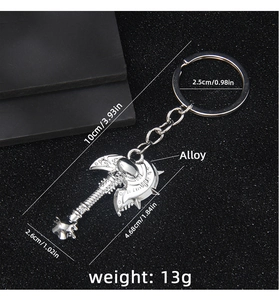 Detailed technical diagram of silver viking axe keychain with dimensions and weight info