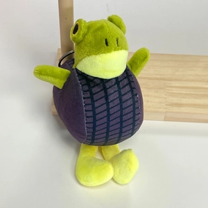 Unique shark-frog plush toy keychain with green limbs and purple checkered ball body