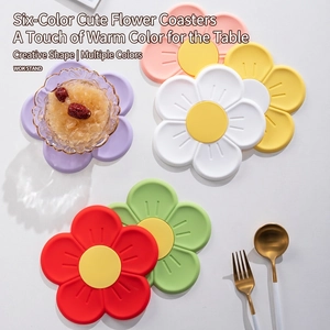Floral silicone coasters in six vibrant colors for heat insulation and table protection