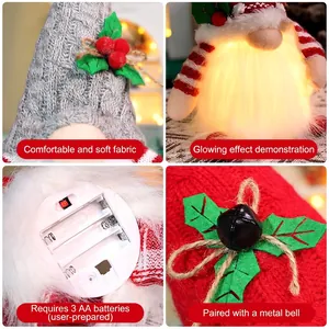 Light-up Christmas Rudolph gnome with gray knit hat and warm glowing beard decoration