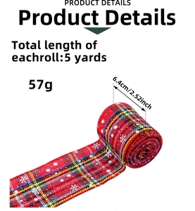 5 yards of red plaid Christmas ribbon with white snowflake patterns for gift DIY decor