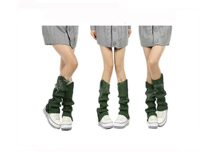 Three views of dark green knitted leg warmers featuring a side zipper for boots