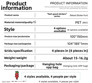 Technical specifications table for Mood Stickers showing PET material and size details