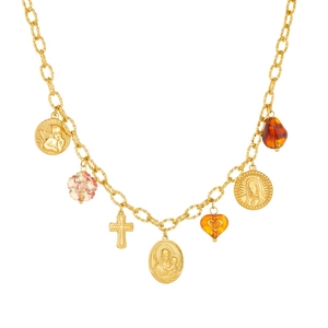 Vintage gold coin necklace set with cross pendants and amber charms on white background