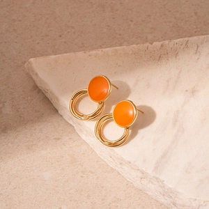 Vintage orange enamel round stud earrings with golden double hoop dangles for women