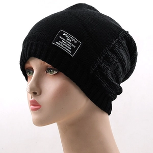 Men's black knitted slouchy beanie hat with white square patch for winter warmth