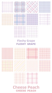 Detail display of multiple grid pattern designs in purple and pink tones for scrapbooking