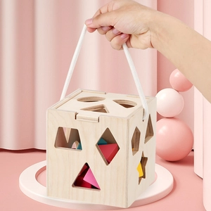 Wooden 13-hole intelligence box with colorful shape sorting blocks and handle