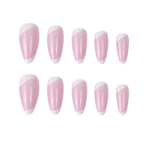 Pink and white French tip almond press-on nails set with glossy finish on white background