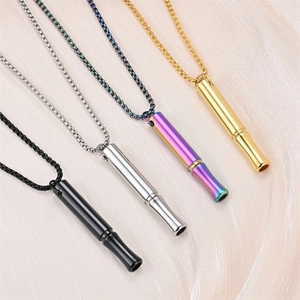 Detail view of four meditation breathing necklaces in black, silver, rainbow, and gold.