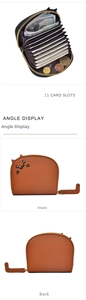 Brown cat wallet detail showing 11 card slots and cute kitten face embroidery design