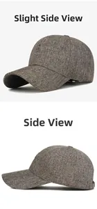 Detail view of brownish-grey baseball cap showing fabric texture and embroidery