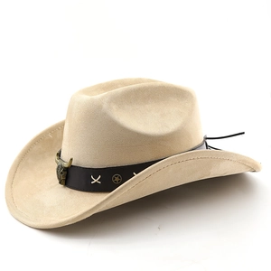 Detail of sand suede cowboy hat with bull head buckle and star studs on leather band