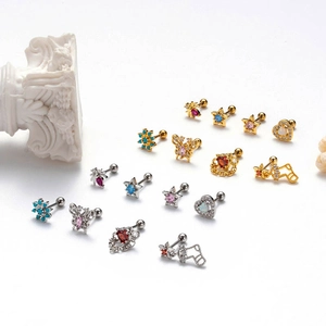 Stainless steel cartilage studs with colorful zircon and opal in stars and butterfly shapes