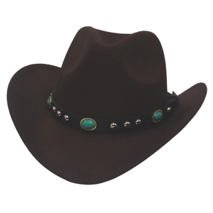 Detail of dark brown felt cowboy hat with turquoise and silver rivet belt decoration