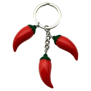 Realistic red resin chili keychain with three peppers and metal ring for bags and keys
