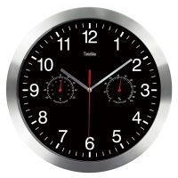 Detail of silver metal wall clock with black dial showing temperature and humidity sensors