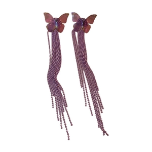Pendientes de mariposa púrpura con borlas largas y aguja de plata para mujer chic