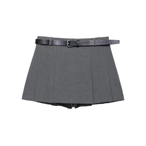 High Waisted Pleated Skort With Crocodile Pattern Belt A-Line Mini Skirt Women Casual Streetwear Grey
