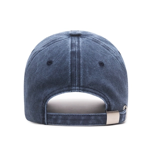Rear view of washed dark blue baseball cap with adjustable metal buckle strap