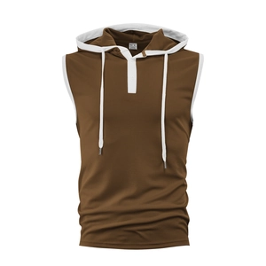 Men's brown hooded muscle tank top with white piping for workout and fitness