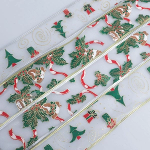 Rubans de Noël en voile transparent avec motifs festifs et bordures dorées câblées