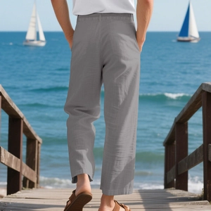 Pantalon décontracté en lin pour homme avec coupe droite et tissu respirant et léger