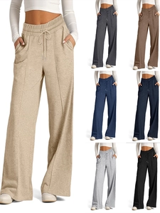 Women High Waist Wide Leg Sweatpants Casual Solid Color Drawstring Knit Trousers With Pockets Center Seam