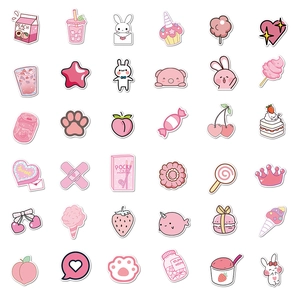 Détails de 36 autocollants de dessins animés japonais roses mignons sur fond blanc