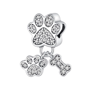 Silver cat paw and bone charm with sparkling crystals for DIY fashion jewelry