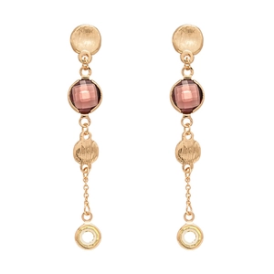 Vintage geometric gold drop earrings with textured rounds and red faceted glass beads