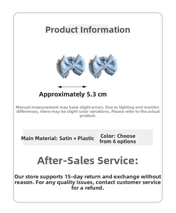 Detail view of light blue satin bow hair clip measuring 5.3cm with size and material info