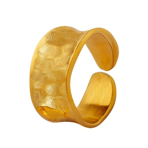 Adjustable gold plated titanium steel open ring with hammered texture and brushed finish